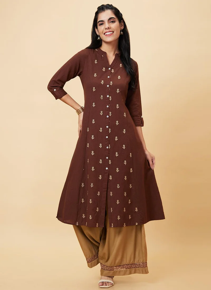 جلو باص Globus Women Brown Floral Embroidered Pure Cotton Straight Festive Kurta